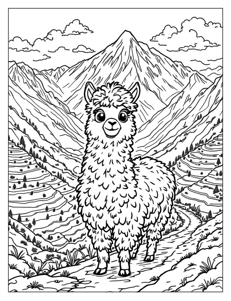 A fluffy alpaca on a mountain path with snowy peaks and terraced fields.