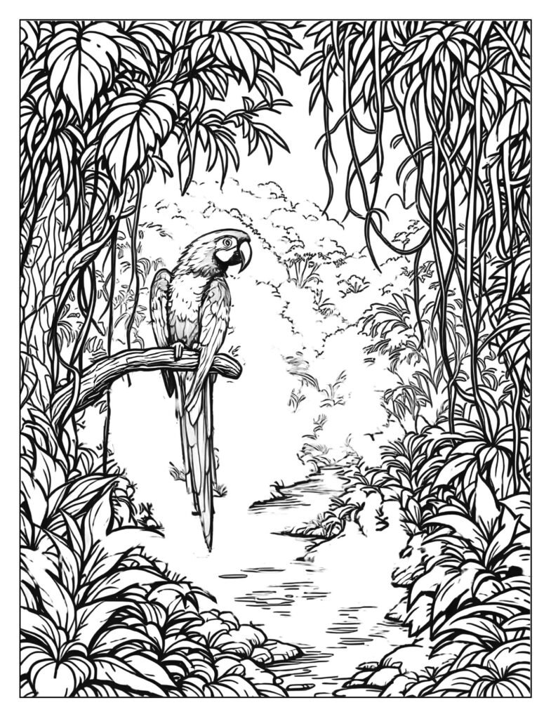 A lush scene from the Peruvian Amazon with dense trees, vines, and a colorful macaw.
