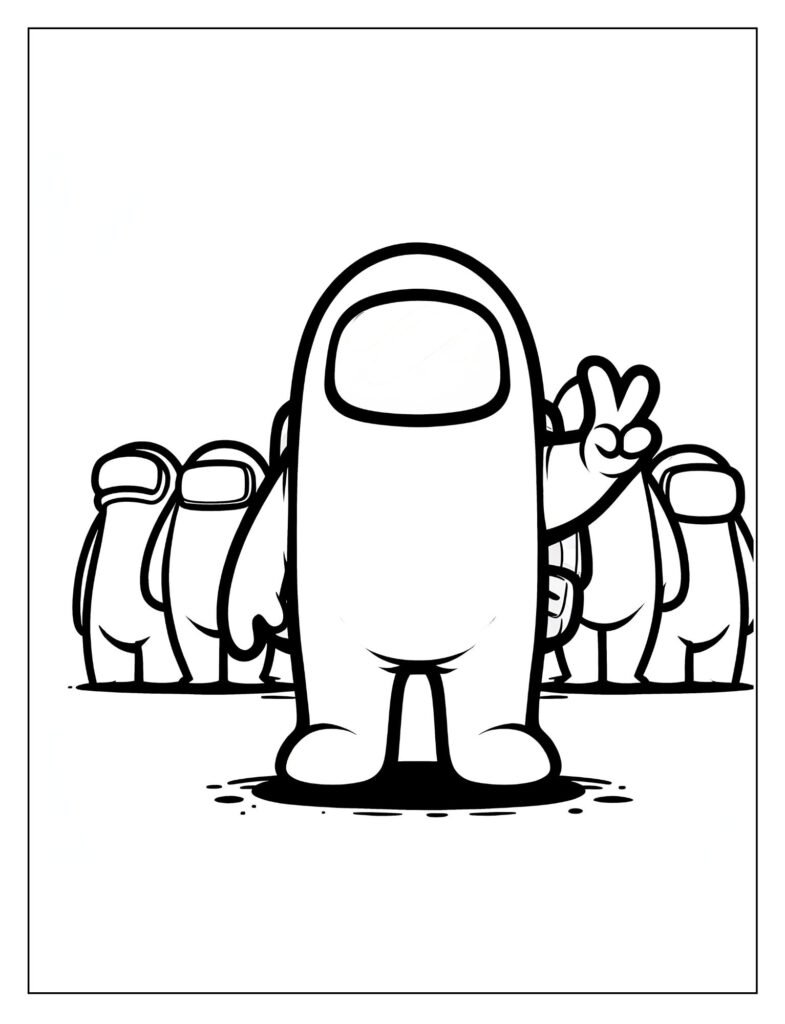A black and white illustration of several Among Us crewmates grouped closely together, as if strategizing or discussing, ready for coloring.