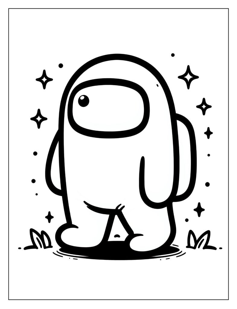 An outline drawing depicting an Among Us crewmate narrowly escaping danger from an imposter, ready for coloring.