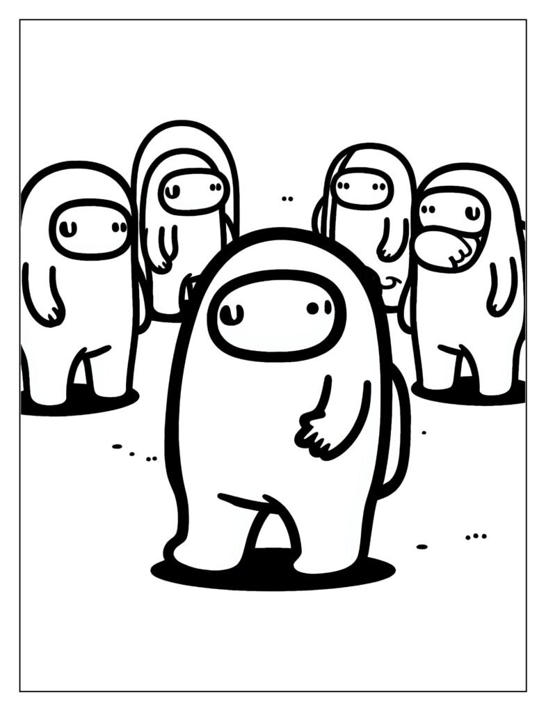 A black and white outline drawing of an Among Us crewmate performing a task or moving through a spaceship hallway, ready for coloring.