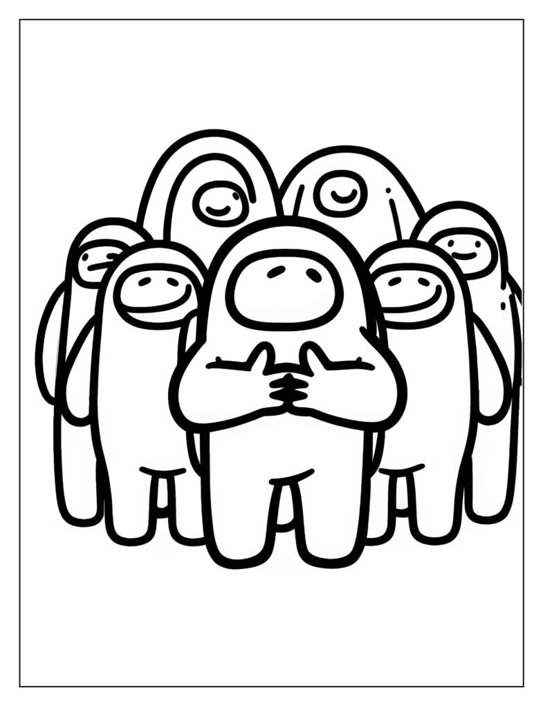 An outline drawing depicting multiple Among Us crewmates gathered around the emergency meeting table, ready for coloring.