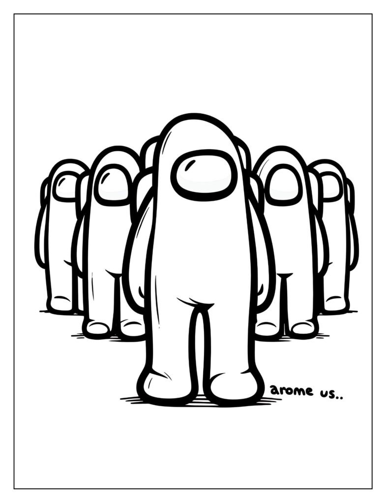 A line art drawing depicting two Among Us crewmates, one seemingly friendly and the other potentially suspicious or acting as an imposter, ready for coloring.