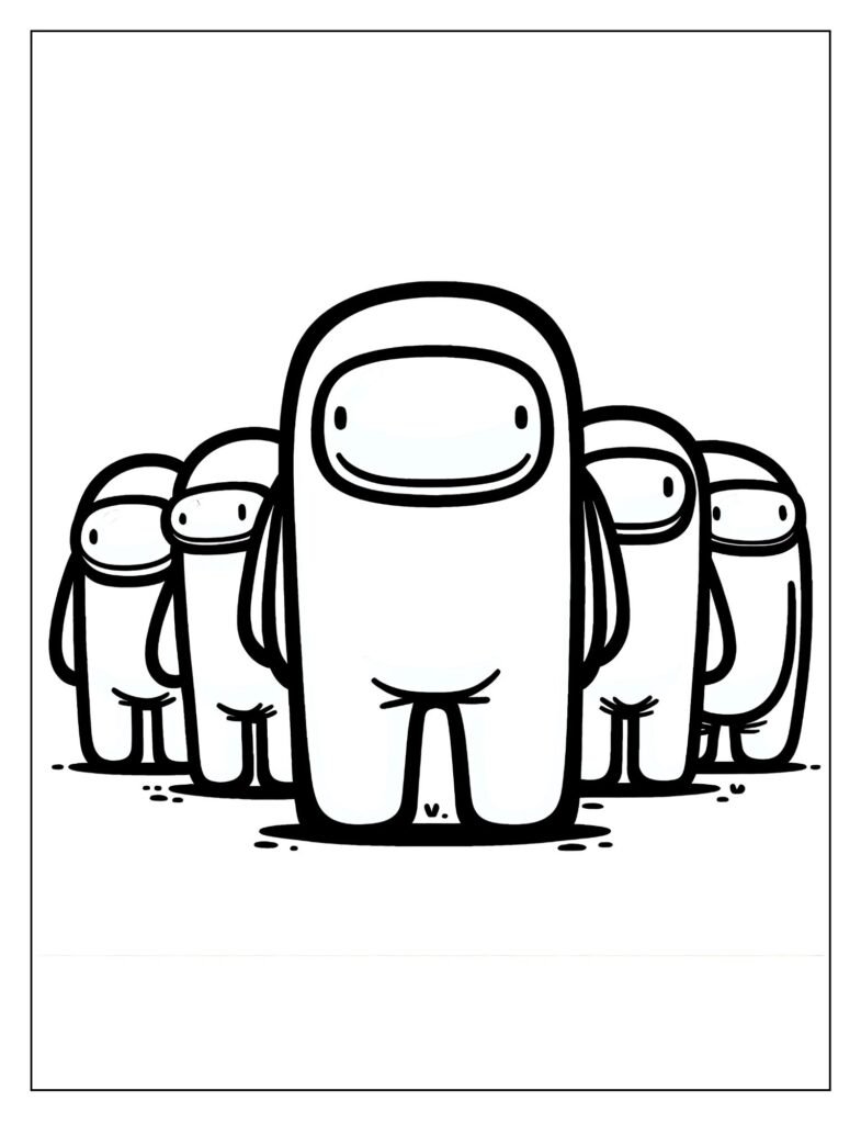 A line art illustration of an Among Us crewmate attempting to hide behind an object or in a vent, ready for coloring.