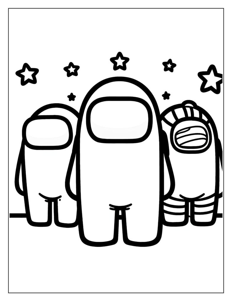 An outline illustration showing several Among Us crewmates wearing various recognizable hats or outfits, ready for coloring.