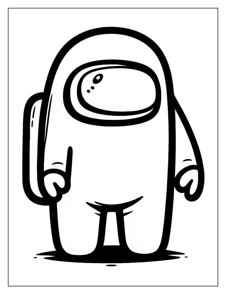 An outline illustration focusing on a single, small Among Us crewmate, clearly identifiable as the red character, ready for coloring.