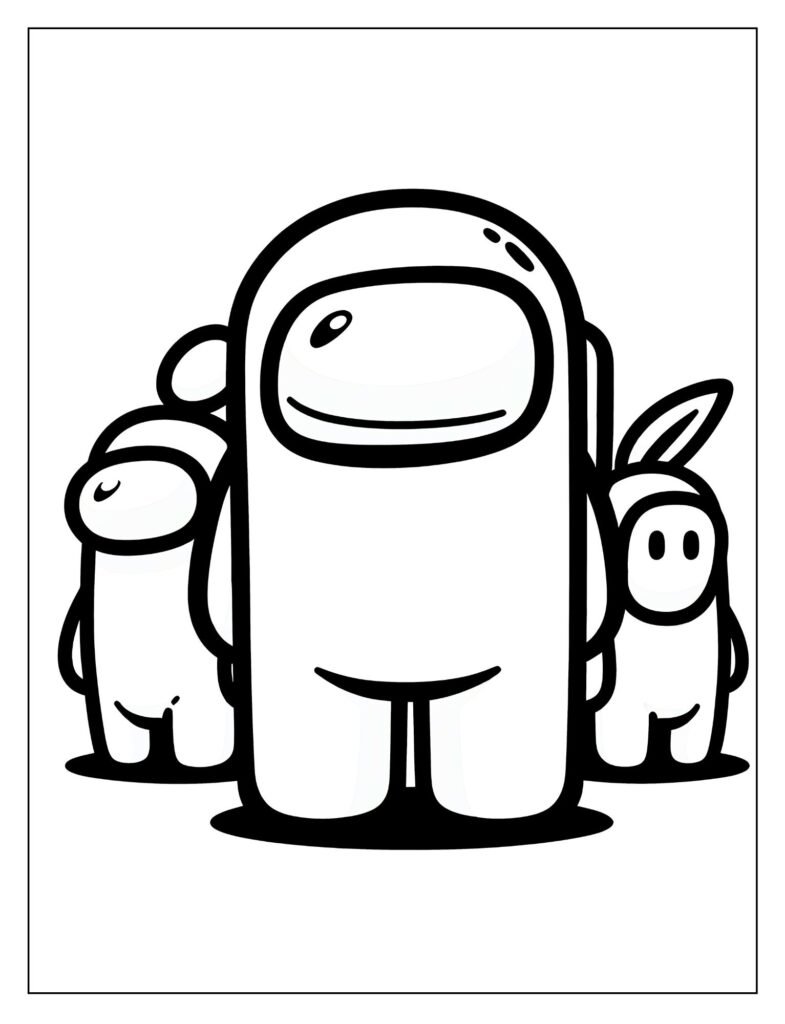 A line art drawing featuring a large Among Us crewmate with one or more tiny mini crewmates beside them, ready for coloring.