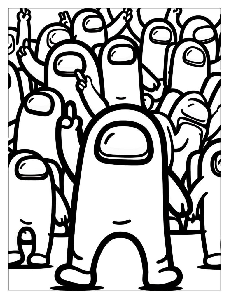 An outline drawing of an Among Us crewmate with a shield symbol or energy barrier around them, ready for coloring.