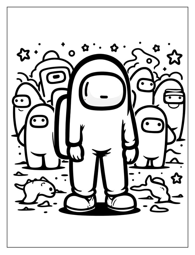  A black and white illustration of an Among Us crewmate exploring a planetary landscape or floating in outer space, ready for coloring.