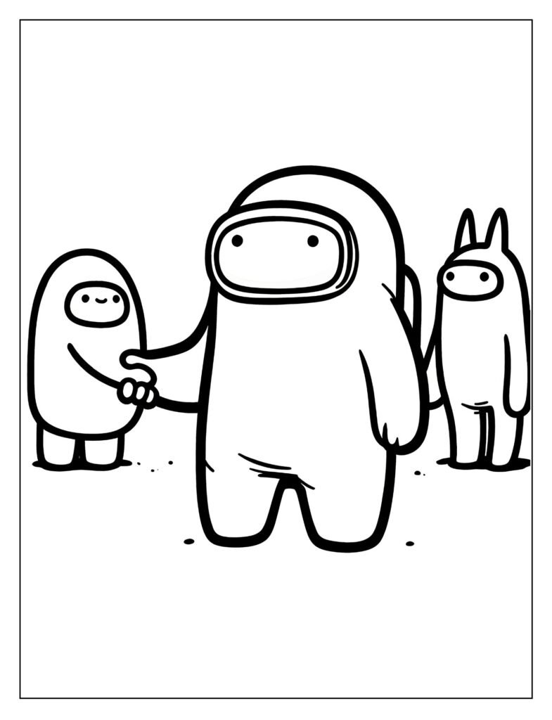 A black and white drawing showing multiple Among Us crewmates engaged in various playful activities, conveying continuous fun, ready for coloring.