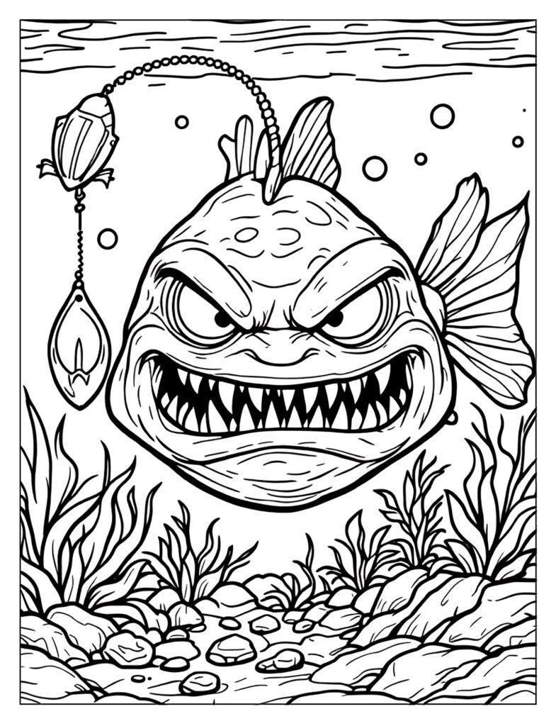 Dynamic line art of an Angler Fish Hunting, showing it poised with its lure glowing, ready to strike.