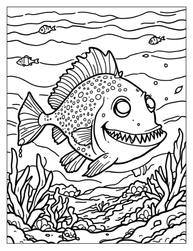Close-up line art of the Angler Fish emphasizing its numerous, sharp, inward-pointing teeth.