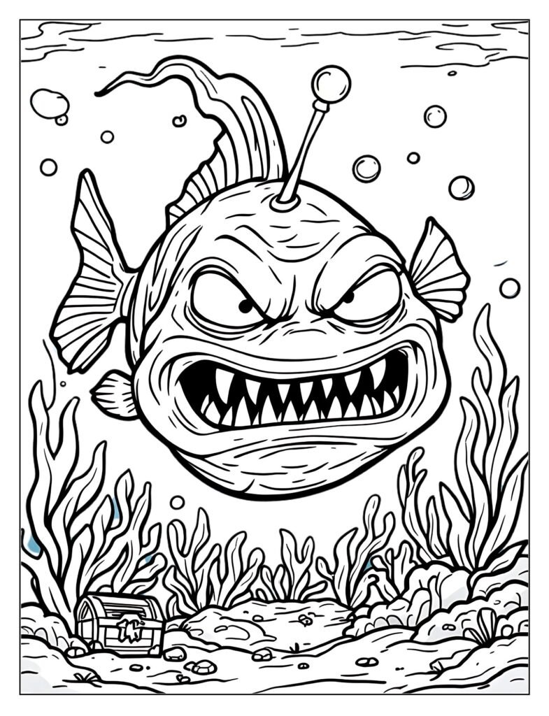 Dynamic, motion-filled line art of an Angler Fish in Action, swimming aggressively through the water.