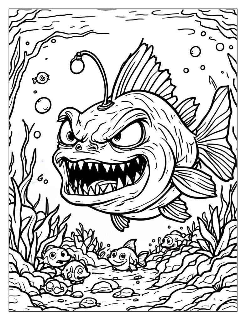 Scenic line art of an Angler Fish against a dark, vast Deep Ocean background with tiny silhouettes of prey fish.