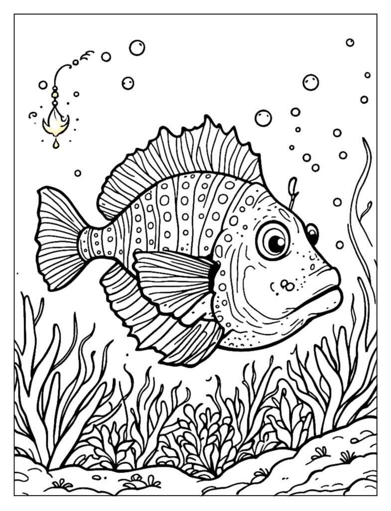 Line art of an Angler Fish emphasizing its powerful large mouth and wide jaws, ready for a catch.