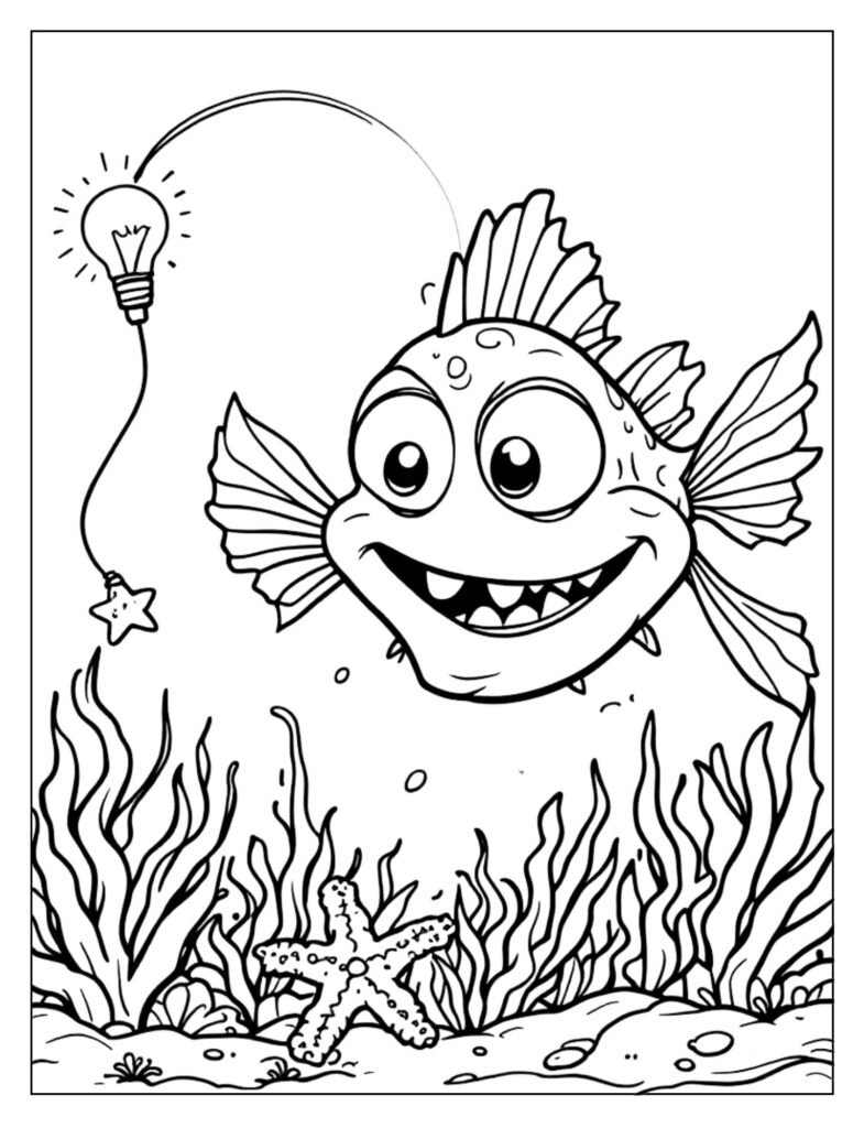 Detailed line art of an Angler Fish prominently featuring the glowing light lure (esca) above its head.