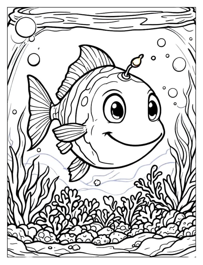 Line art of an Angler Fish specifically highlighting the full length of its flexible fishing rod (antenna/illicium).