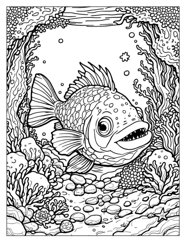 Exaggerated line art of an Angler Fish's Spooky Teeth and a fierce expression, great for Halloween or scary themes.