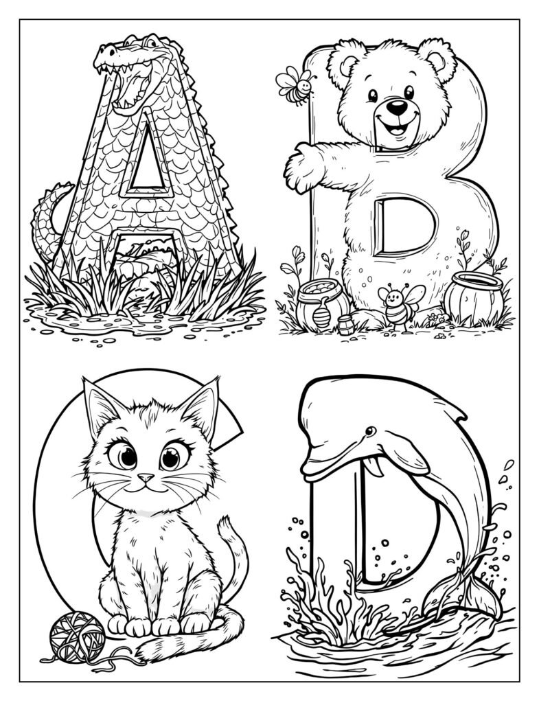 Alphabet letters as different animals coloring page