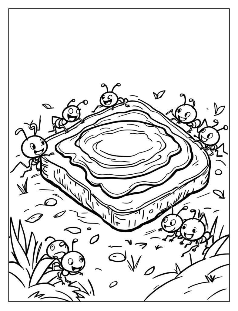 A slice of peanut butter and jelly sandwich on the ground with tiny cartoon ants trying to crawl up.