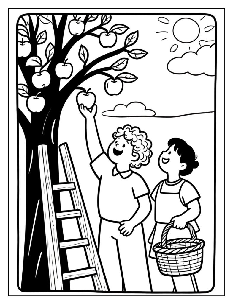 A child and a parent picking apples from an apple tree.