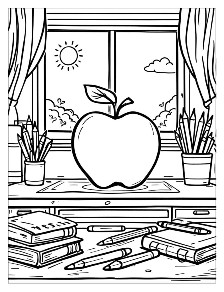 A line art drawing of an apple, often associated with giving to a teacher, ready for coloring.


