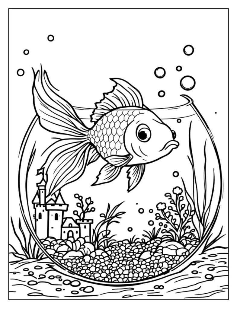 Multi-panel aquarium scenes coloring page featuring four different small fish tanks and underwater vignettes.