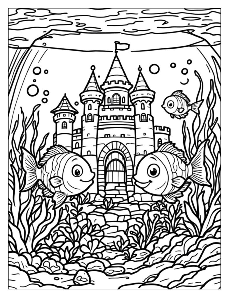 Tender aquarium coloring page showing adult fish and several tiny baby fishes in the tank.