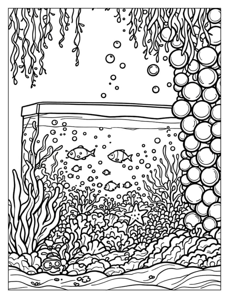Dynamic aquarium coloring page with prominent streams of bubbles rising from the bottom air stone.