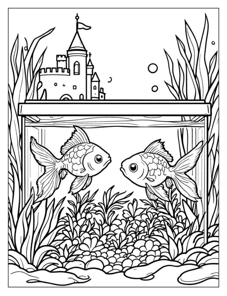 Fun aquarium coloring page featuring fish swimming near a detailed decorative sunken castle ornament.