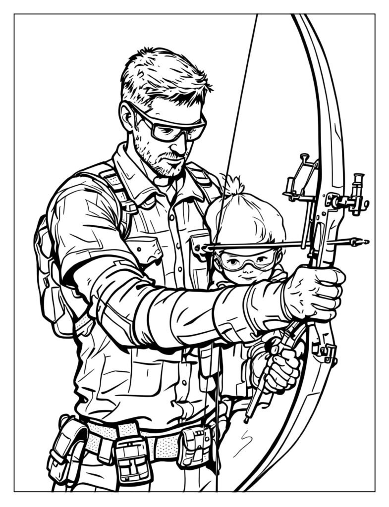 Adult archery coach gently guiding a child's hands on a practice bow, teaching proper form and safety.