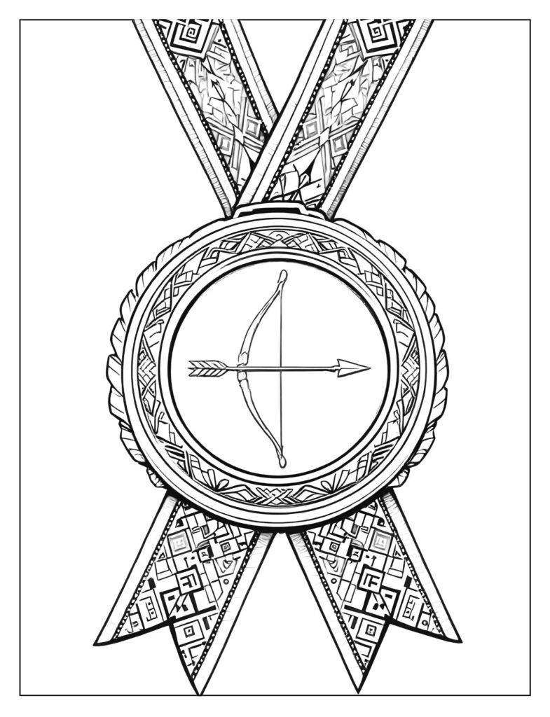 Close-up drawing of a shiny archery medal with a bow and arrow symbol hanging from a patterned ribbon.