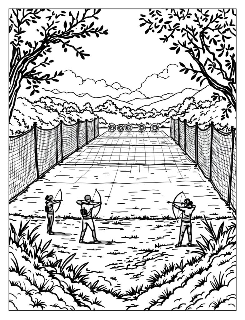 Wide scene of an outdoor archery range with multiple targets, safety netting, and people shooting arrows.