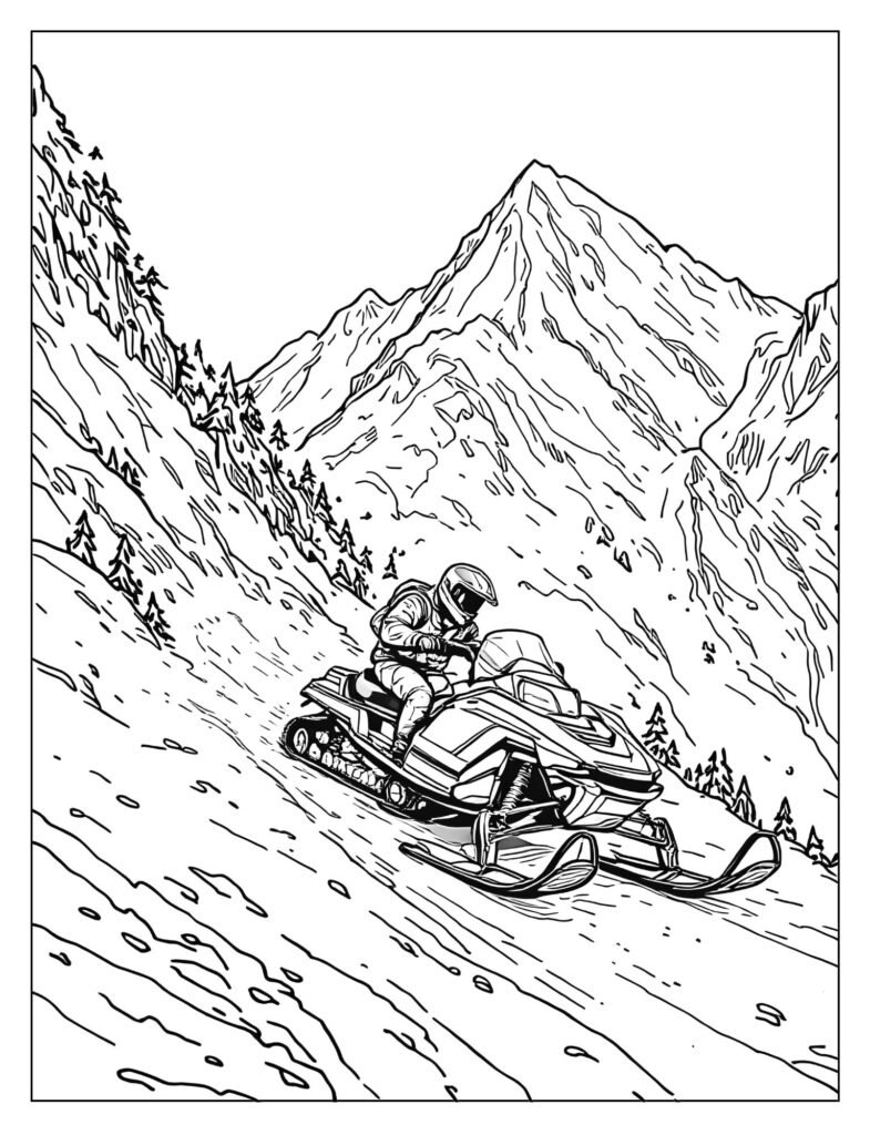 Snowmobile, specifically a mountain sled, ascending a steep, snowy mountain slope, leaving a clear track behind it.