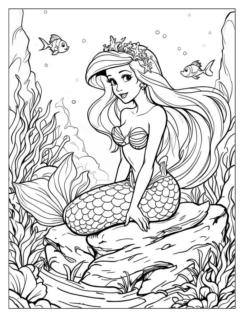 Ariel sitting on a rock in the ocean at night, looking up at a twinkling star with a hopeful expression.