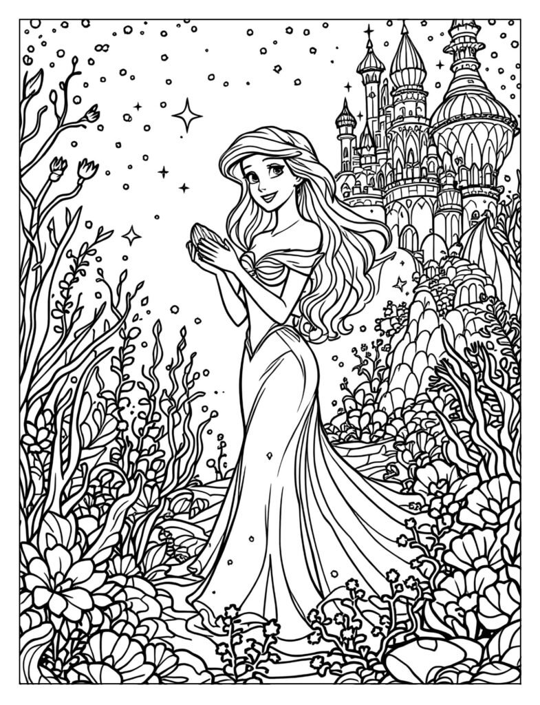 Ariel dreaming of the human world, with bubbles showing images of land objects and people.