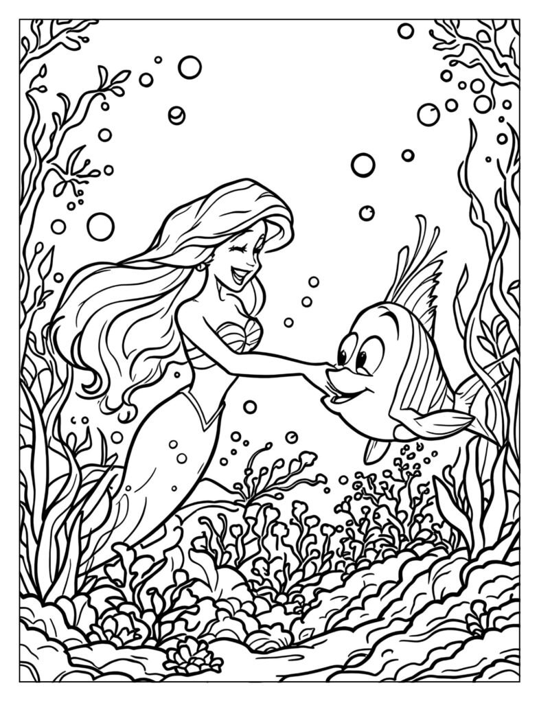 Ariel gracefully swimming through a colorful coral reef, surrounded by various fish and marine plants.