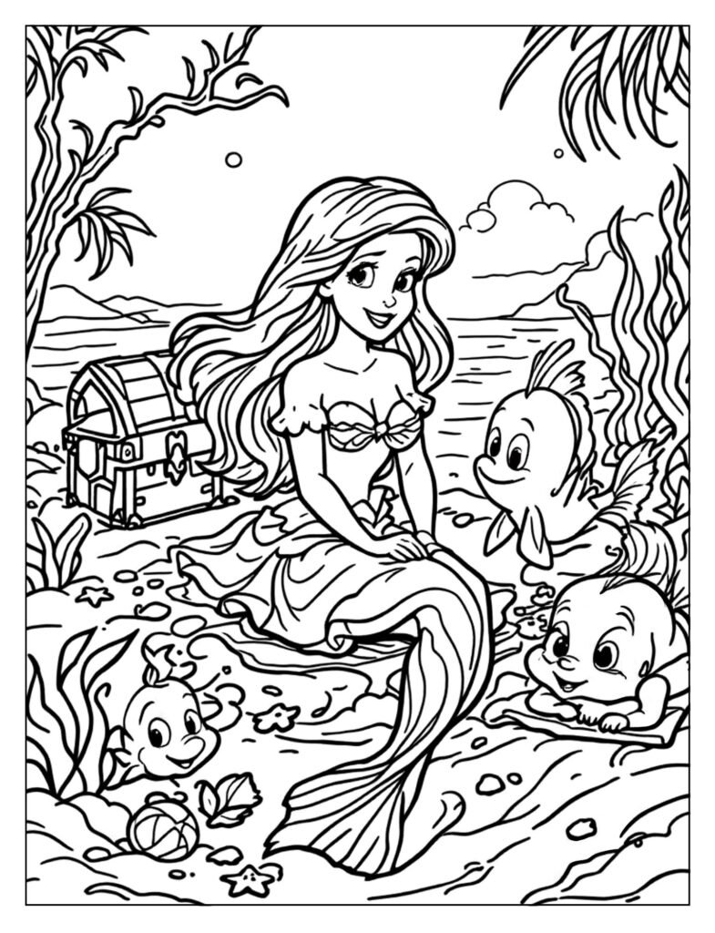 Ariel surrounded by shimmering bubbles, glowing fish, and sparkling elements in a magical ocean scene.