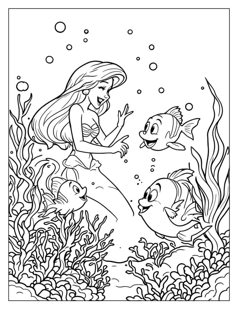 Ariel in her grotto, surrounded by her collection of human treasures like forks, books, and trinkets.