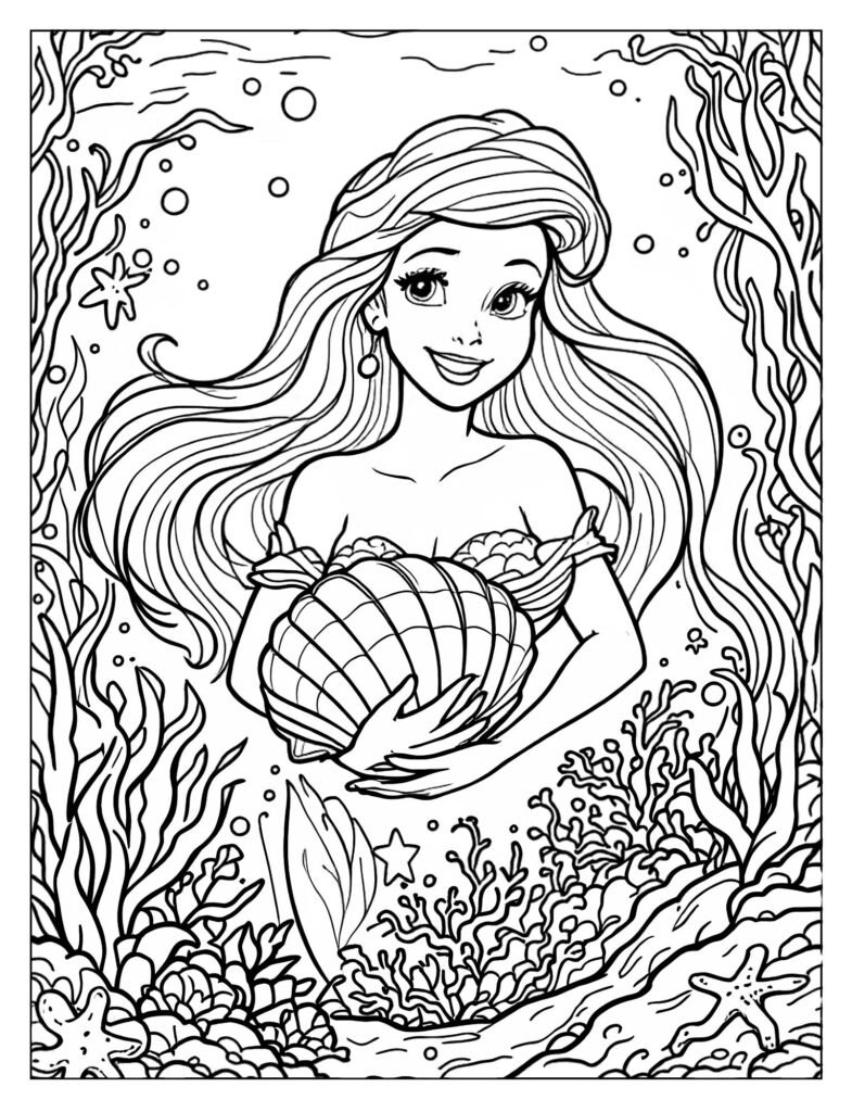 Ariel holding a seashell to her ear, listening to the sounds of the human world with a hopeful expression.