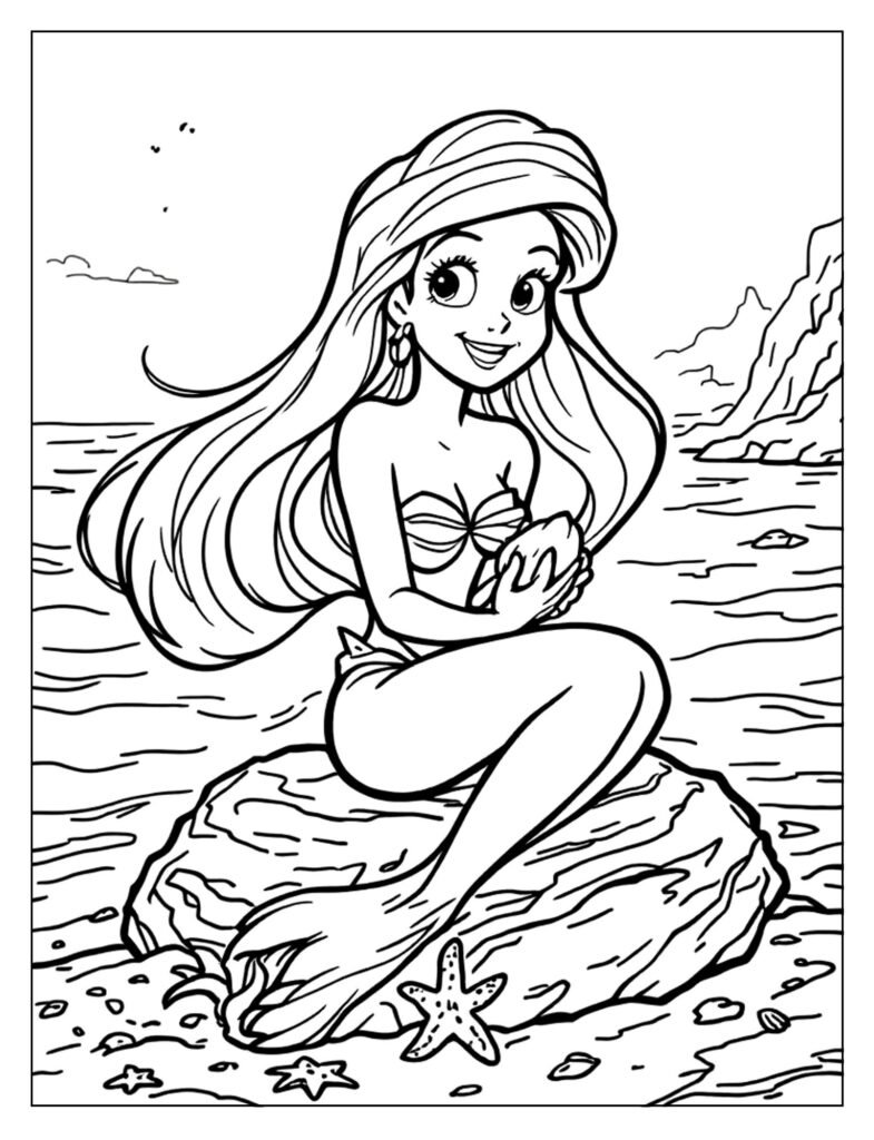Ariel, now human, walking on the beach or interacting with Prince Eric in the human world.