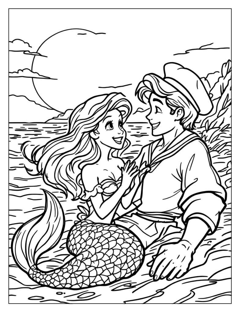 Ariel, Flounder, and Sebastian happily swimming in a vibrant underwater kingdom filled with coral and sea creatures.