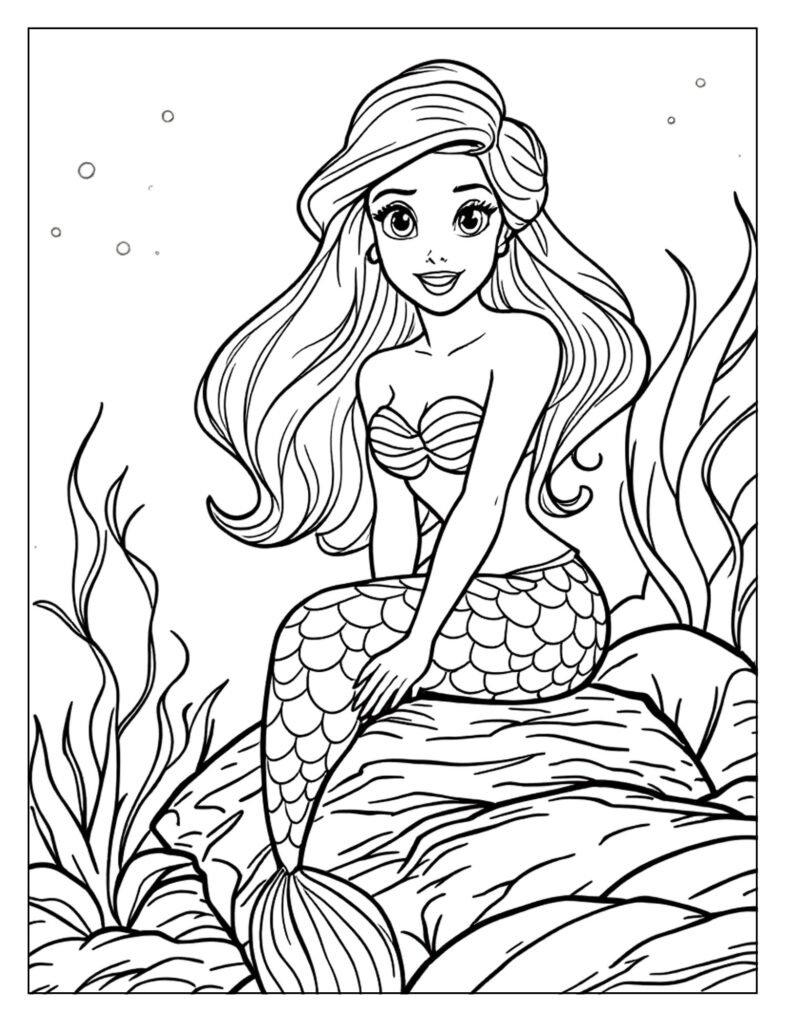 Ariel playfully swinging on a long piece of seaweed, with Flounder watching.