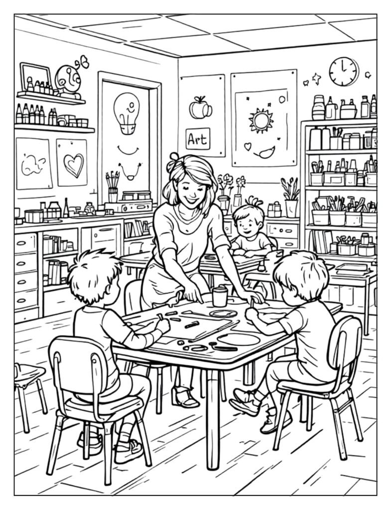 A black and white illustration of an art classroom with easels, paints, and a student drawing, ready for coloring.

