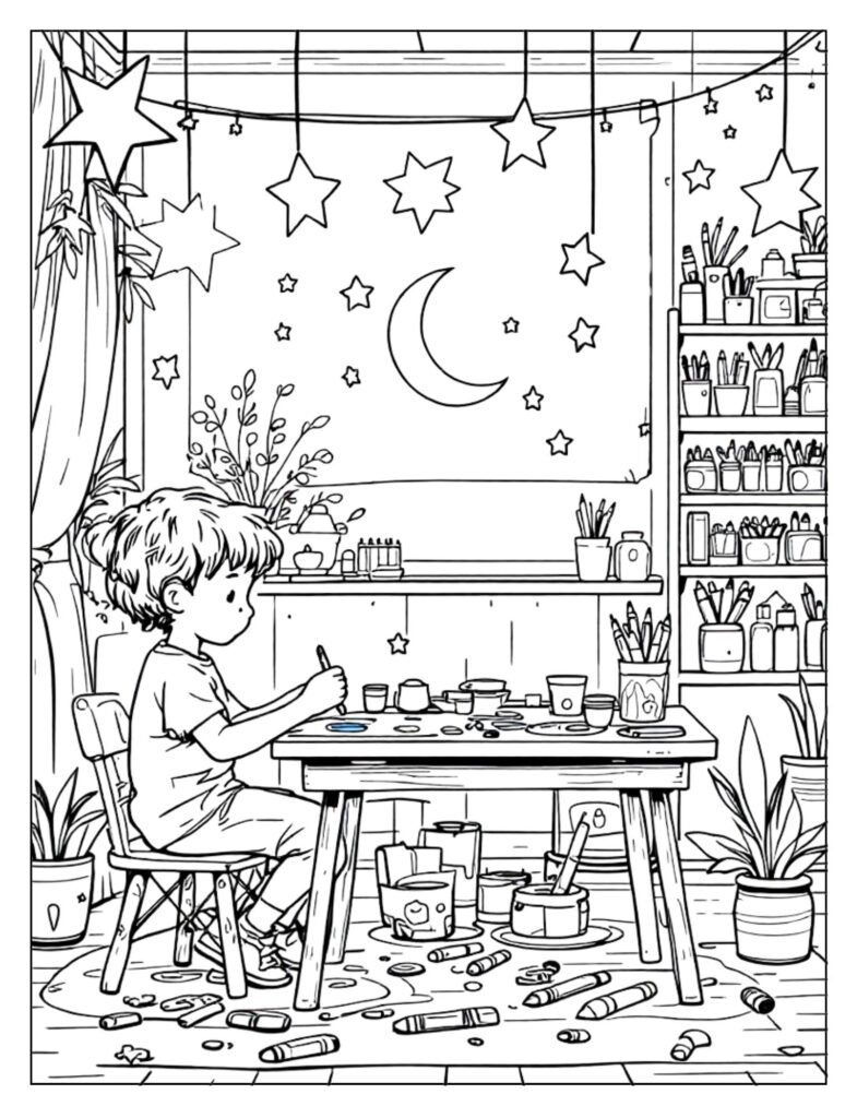 A line art drawing of an art classroom filled with easels, paint palettes, and various art projects, ready for coloring.