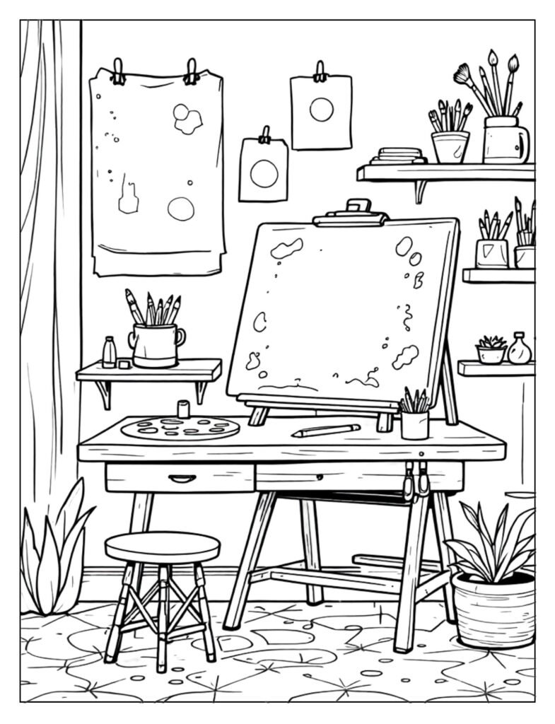 A black and white outline illustration of various art supplies like crayons, paintbrushes, and paper, ready for coloring.