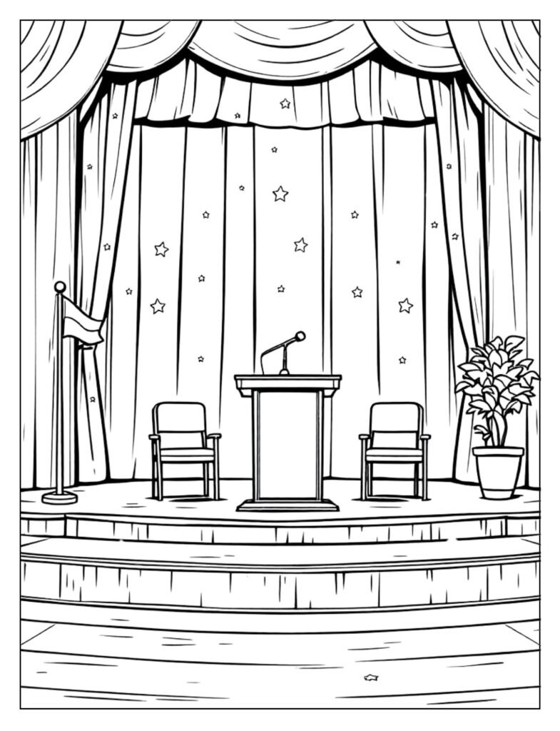 A black and white illustration of an empty school assembly stage with a microphone and curtains, ready for coloring.