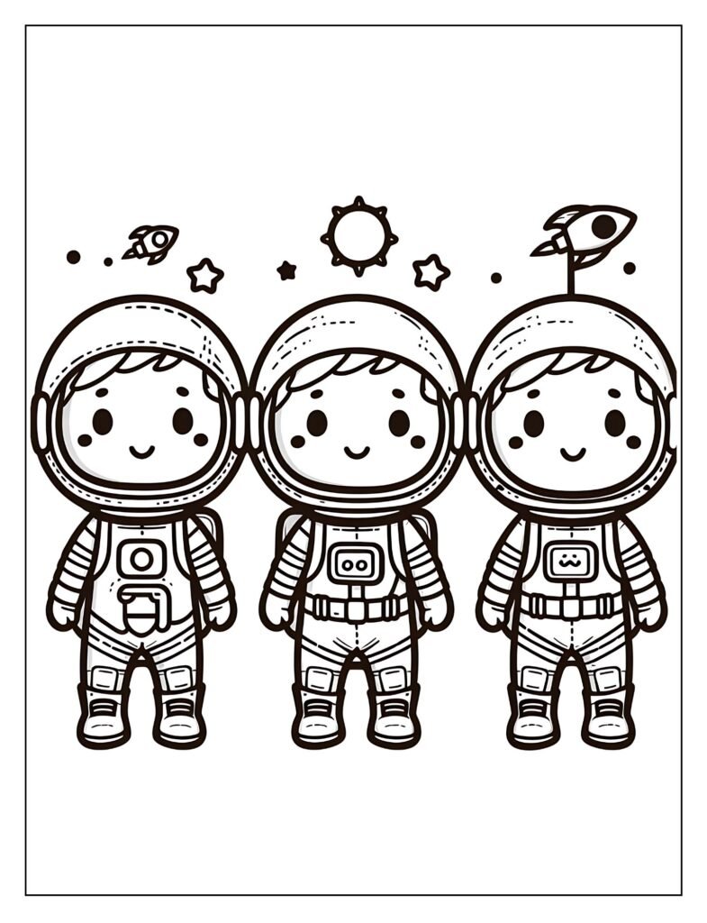 A black and white illustration of an astronaut engaged in a playful activity in space, such as floating or doing a silly pose, designed for coloring.