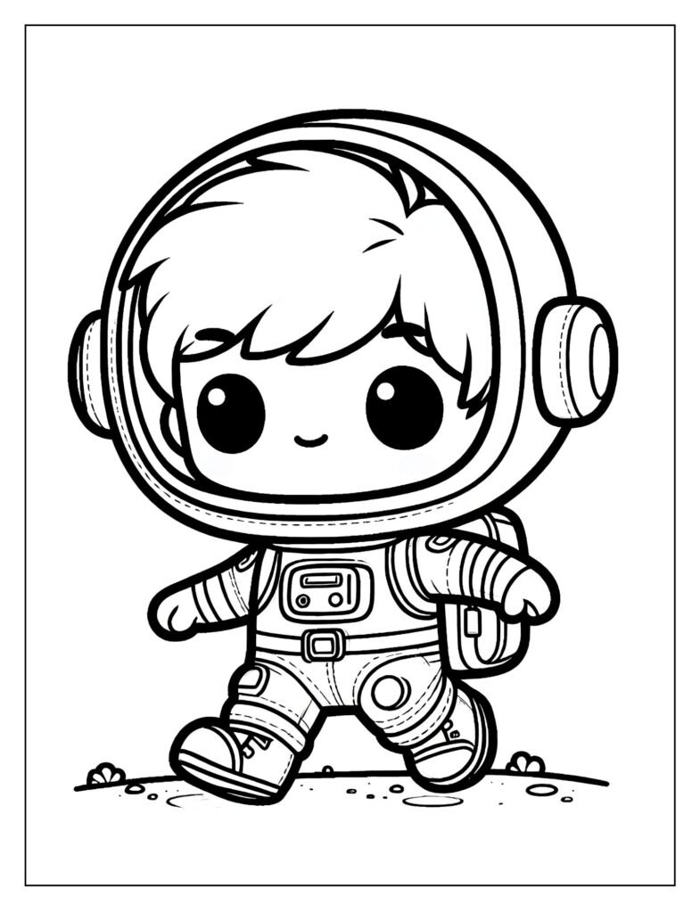 An outline drawing featuring an astronaut standing on or near the moon, with the Earth visible in the distance, ready for coloring.
