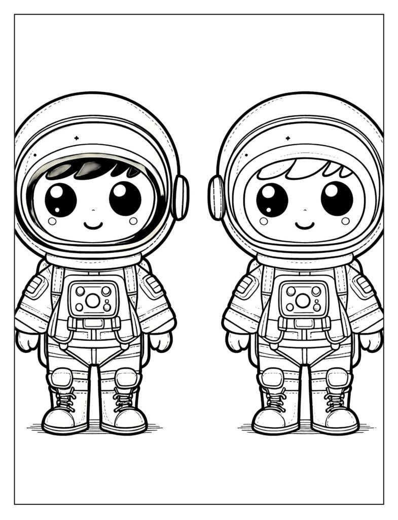 A black and white illustration of an astronaut looking joyful or amazed while floating in space, designed for coloring.